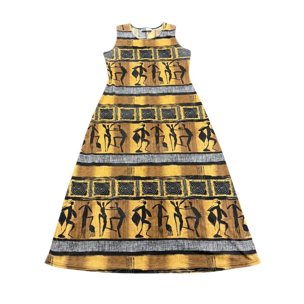 Vintage 1990s Back Stage Tribal Print Maxi Dress Black Brown
